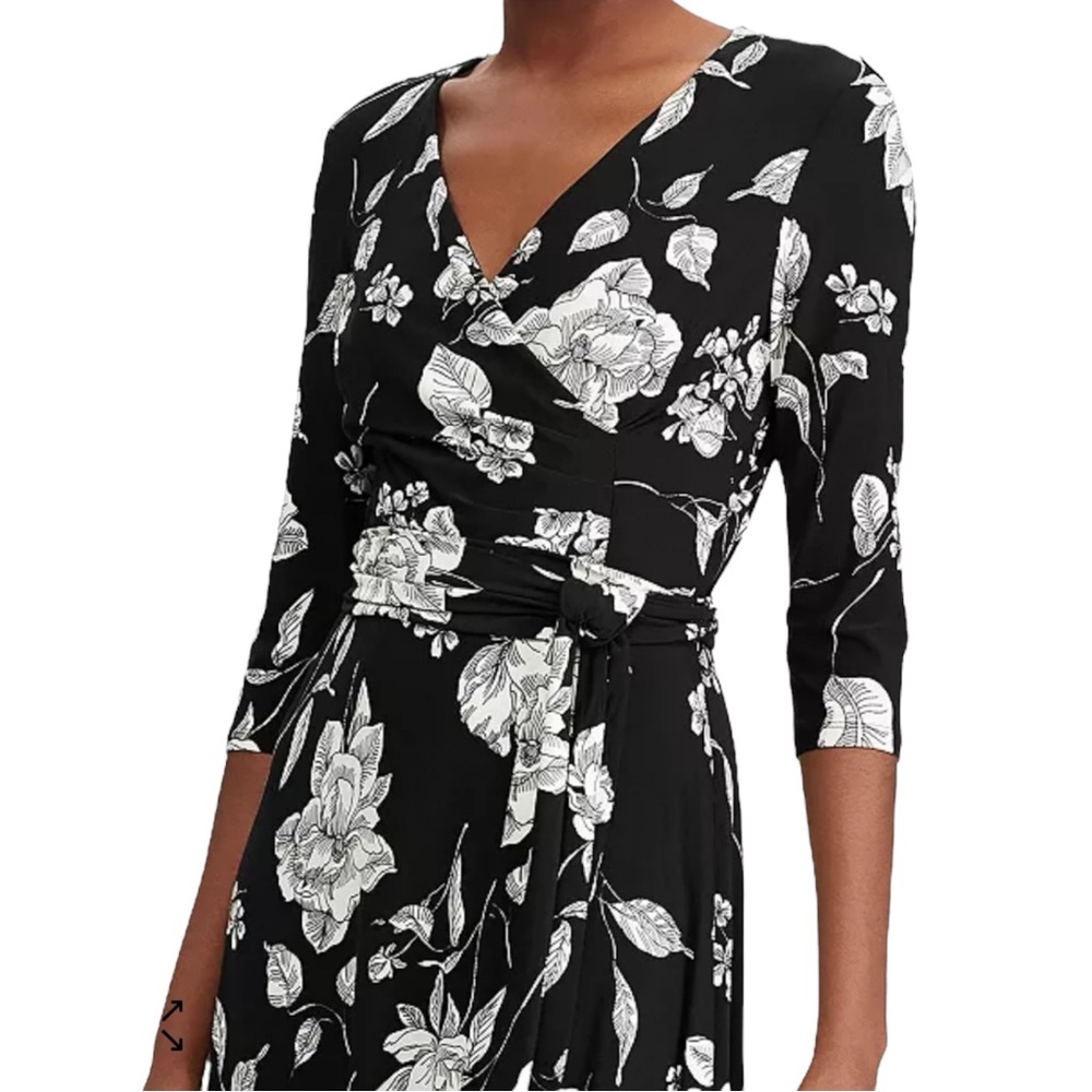 Lauren Ralph Lauren Floral-Print Midi Surplice Dress Black and White Sz: 4 NWT - Picture 6 of 15